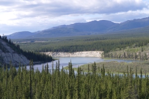 Many islands and steep banks in the mighty Yukon. 